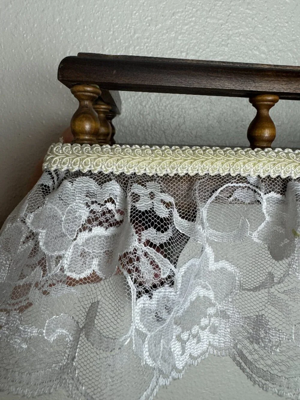 Vintage Farmhouse Wooden Wall Shelf with Lace Trim Cottage Chic Display Shelf